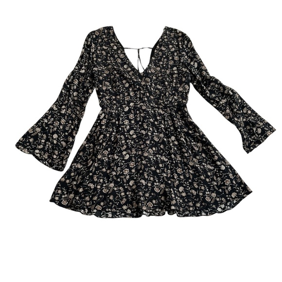 Mango Babydoll Floral Mini Dress XS Black/Brown Long Sleeve VNeck Boho Romantic - Picture 2 of 13